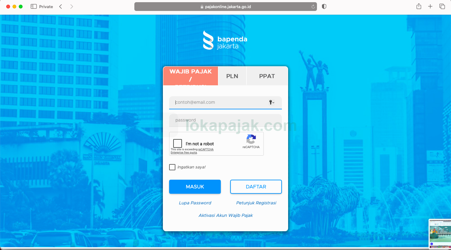 halaman login Wajib Pajak portal Pajak Online