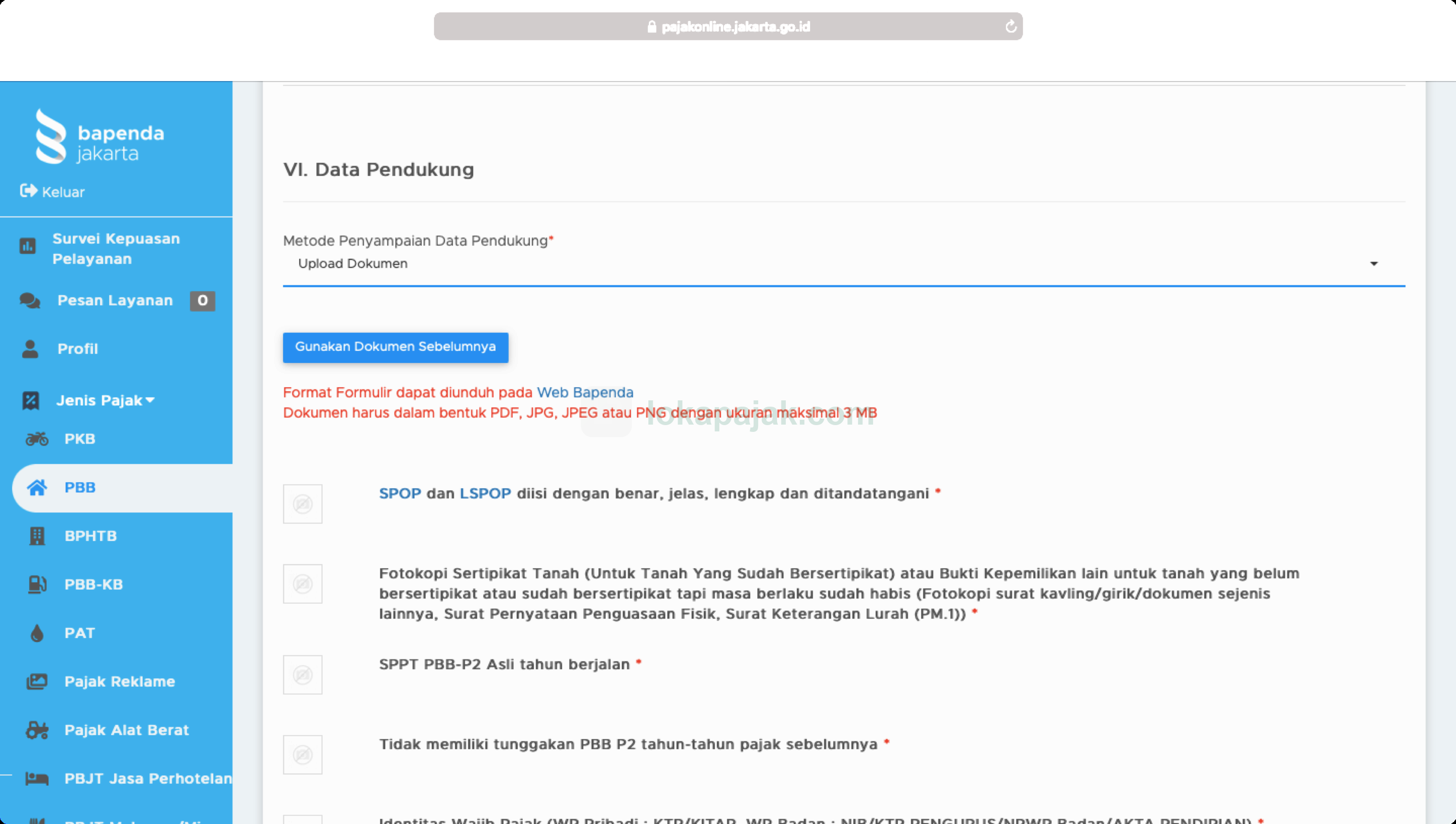 bagian Data Pendukung dengan metode Upload Dokumen