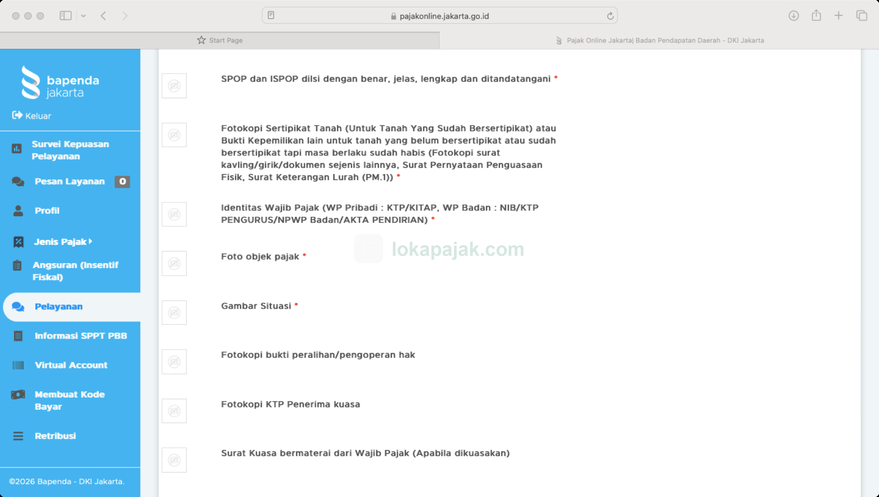 checklist dokumen Pendaftaran Objek Baru di portal Pajak Online DKI: SPOP/LSPOP, bukti kepemilikan tanah, identitas, foto objek, dan gambar situasi wajib; bukti peralihan hak dan surat kuasa opsional
