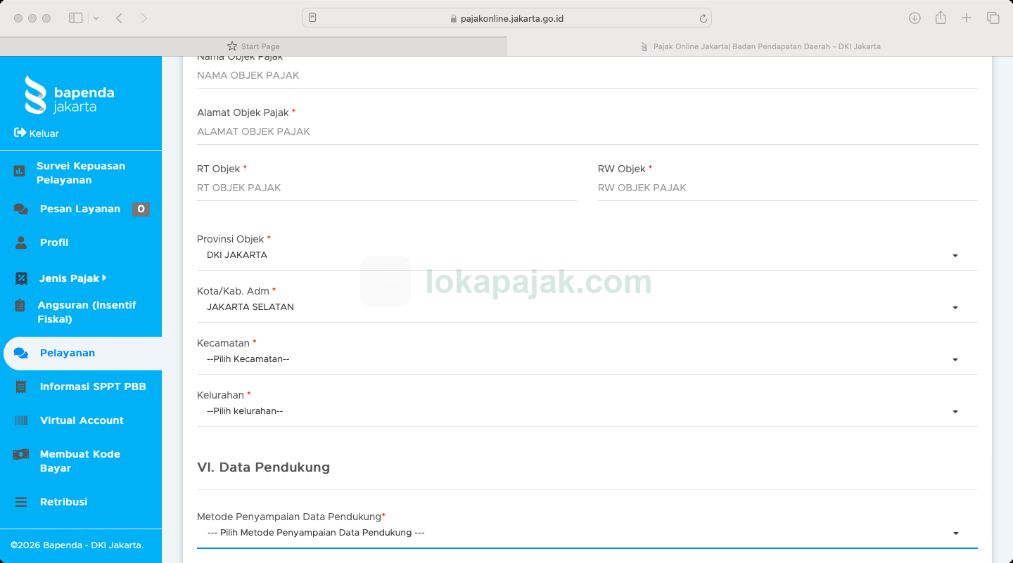 kolom Data Objek Pajak untuk objek baru di portal Pajak Online: nama objek, alamat, RT/RW, dan wilayah, tanpa kolom NOP