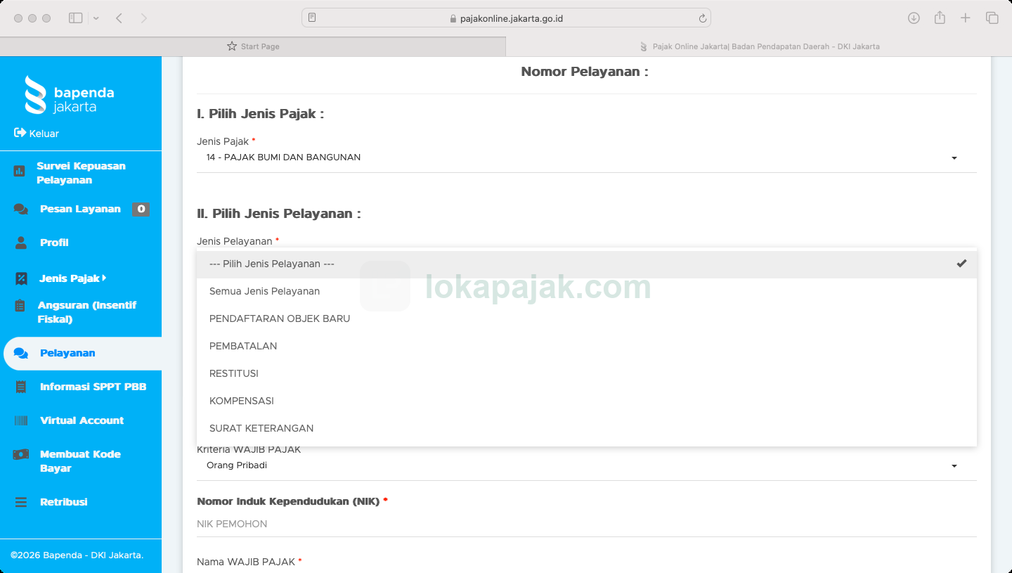 memilih Jenis Pelayanan PENDAFTARAN OBJEK BARU di portal Pajak Online DKI, lalu mengisi NIK dan nama Wajib Pajak