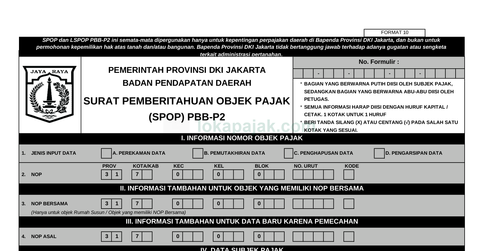 SPOP bagian I–III berlatar abu-abu — diisi petugas Bapenda