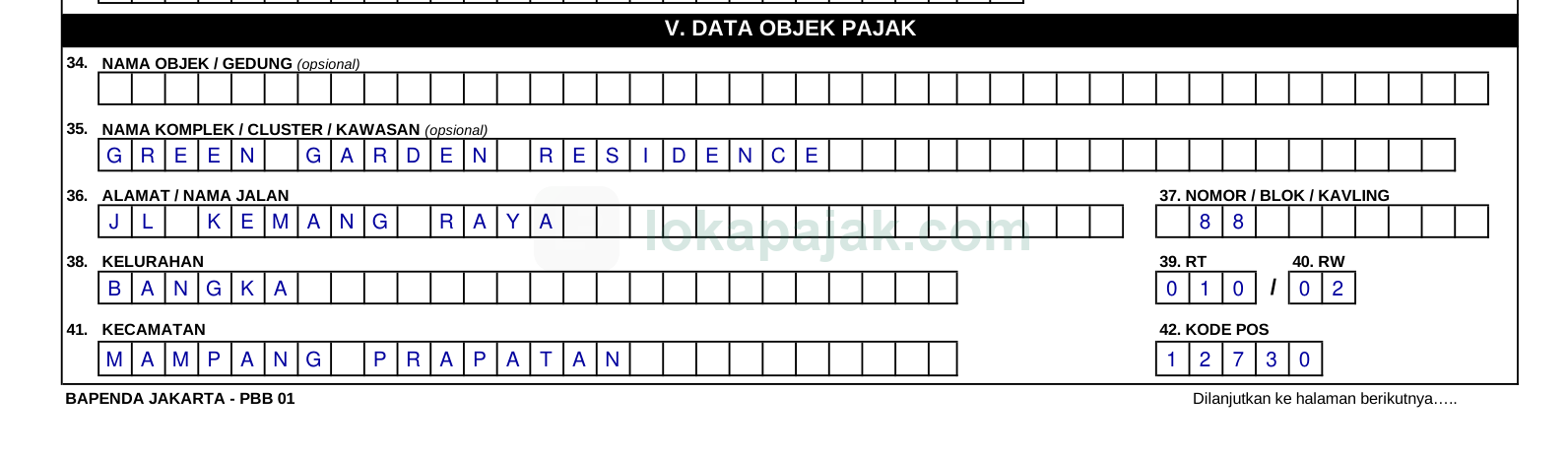 SPOP bagian V: alamat letak objek pajak (terisi)
