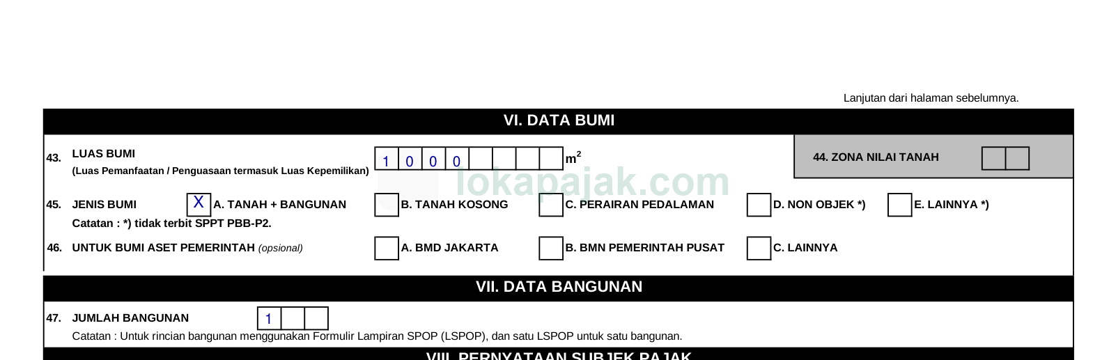 SPOP bagian VI–VII: luas bumi, jenis bumi, jumlah bangunan (terisi)
