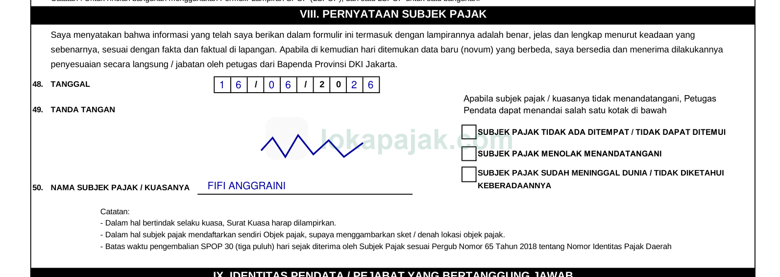 SPOP bagian VIII: tanggal, tanda tangan, nama subjek pajak (terisi)