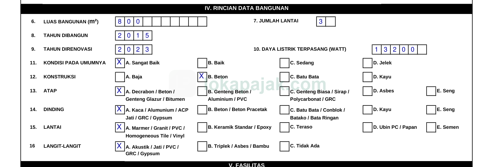 LSPOP bagian IV: luas, lantai, tahun, daya, kondisi, konstruksi, atap, dinding, lantai, langit-langit (terisi)