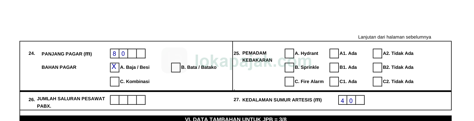 LSPOP bagian V (lanjutan): panjang pagar, bahan pagar, sumur artesis (terisi)