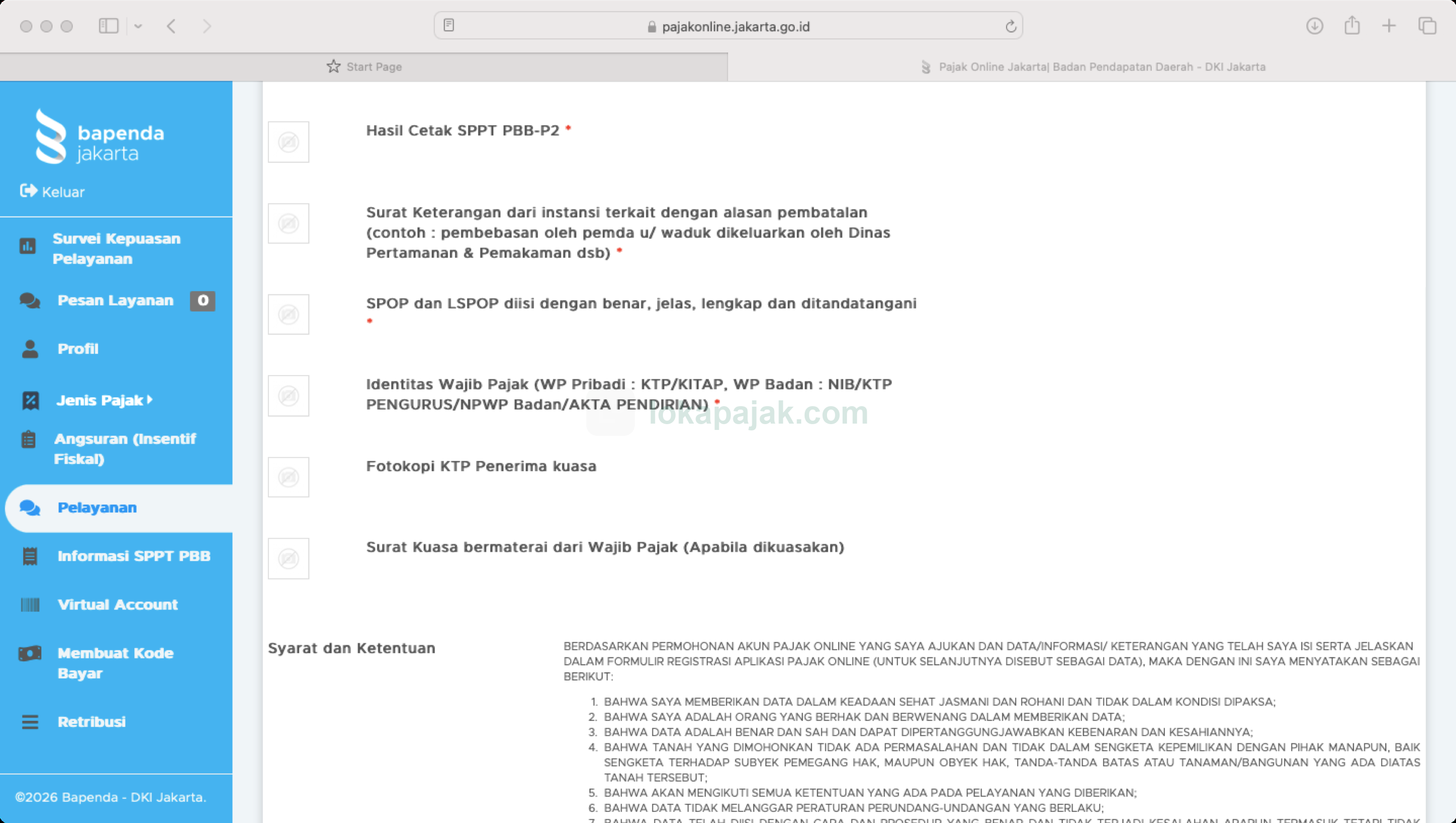 checklist dokumen Pembatalan SPPT di portal Pajak Online DKI: hasil cetak SPPT, surat keterangan instansi terkait, SPOP dan LSPOP, identitas wajib pajak wajib; KTP penerima kuasa dan surat kuasa opsional