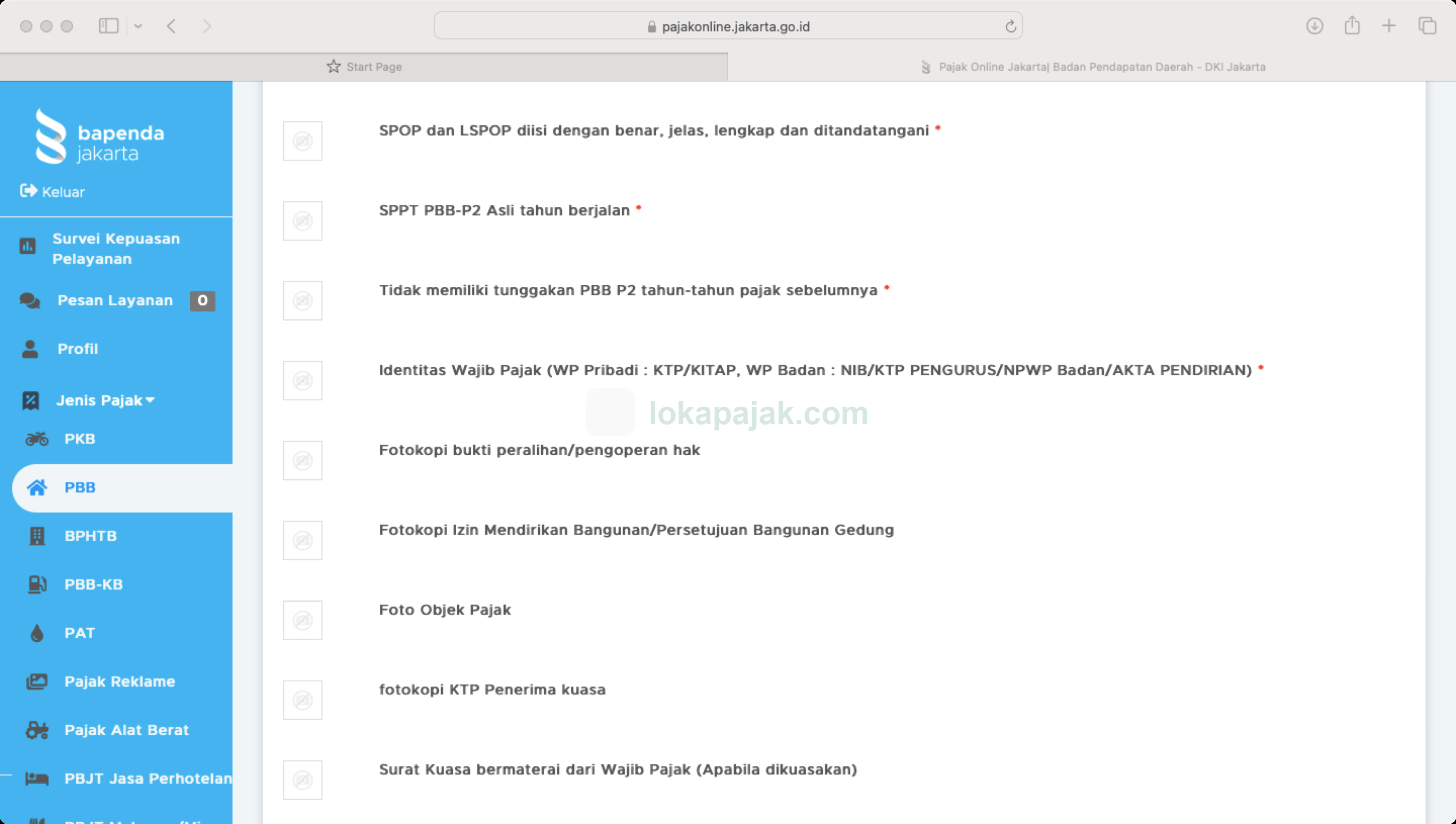 checklist dokumen pembetulan PBB di portal Pajak Online DKI: SPOP/LSPOP, SPPT asli tahun berjalan, tidak menunggak, dan identitas WP wajib; bukti peralihan hak, IMB/PBG, foto objek, dan surat kuasa opsional