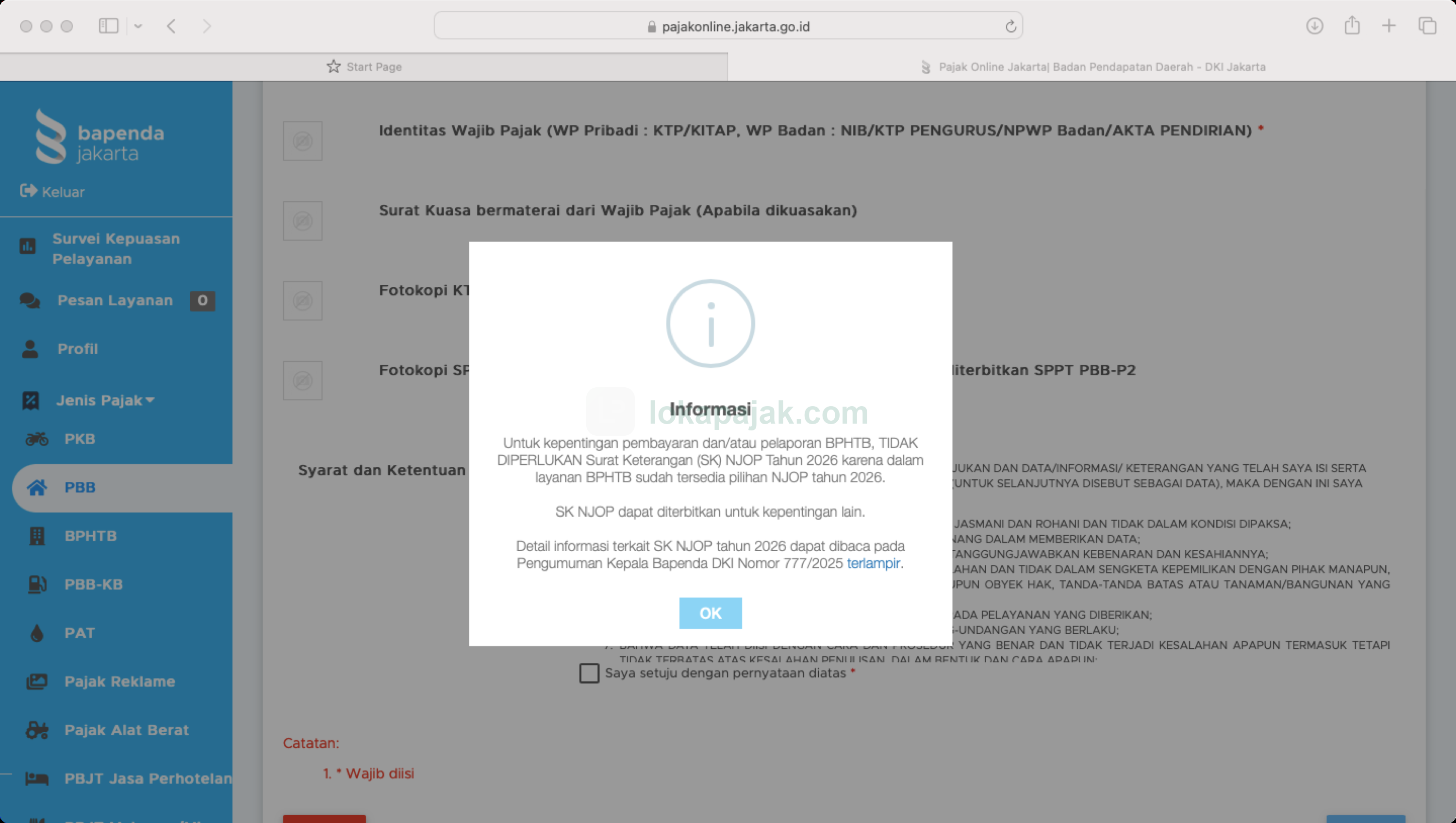 checklist dokumen Surat Keterangan NJOP di portal Pajak Online DKI: Identitas Wajib Pajak wajib; Surat Kuasa, KTP penerima kuasa, dan fotokopi SPPT tahun sebelumnya opsional
