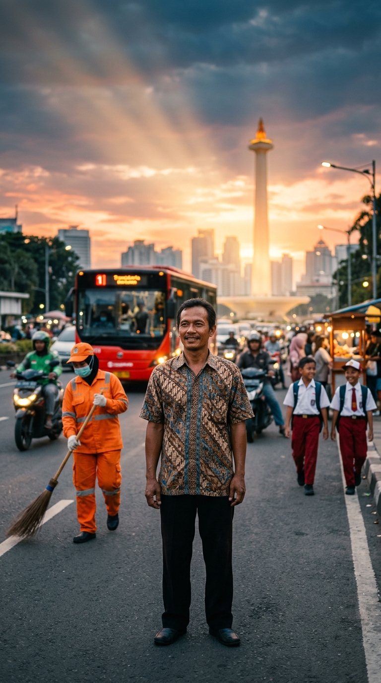 Warga Jakarta berbatik di depan Monas bersama petugas PPSU berseragam oranye